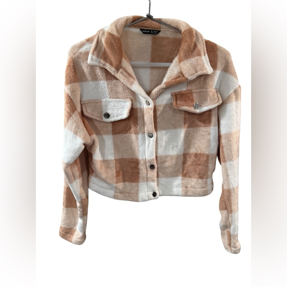 SHEIN‎ Beige and White Plaid Teddy Shacket